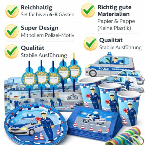 81-tlg Party-Set * POLIZEI * für Kindergeburtstag mit 6-8 Kinder: Teller, Becher, Servietten, Einladungen, Platzsets, Trinkhalme, Luftschlangen | Motto Deko Kinder Geburtstag Polizist Police