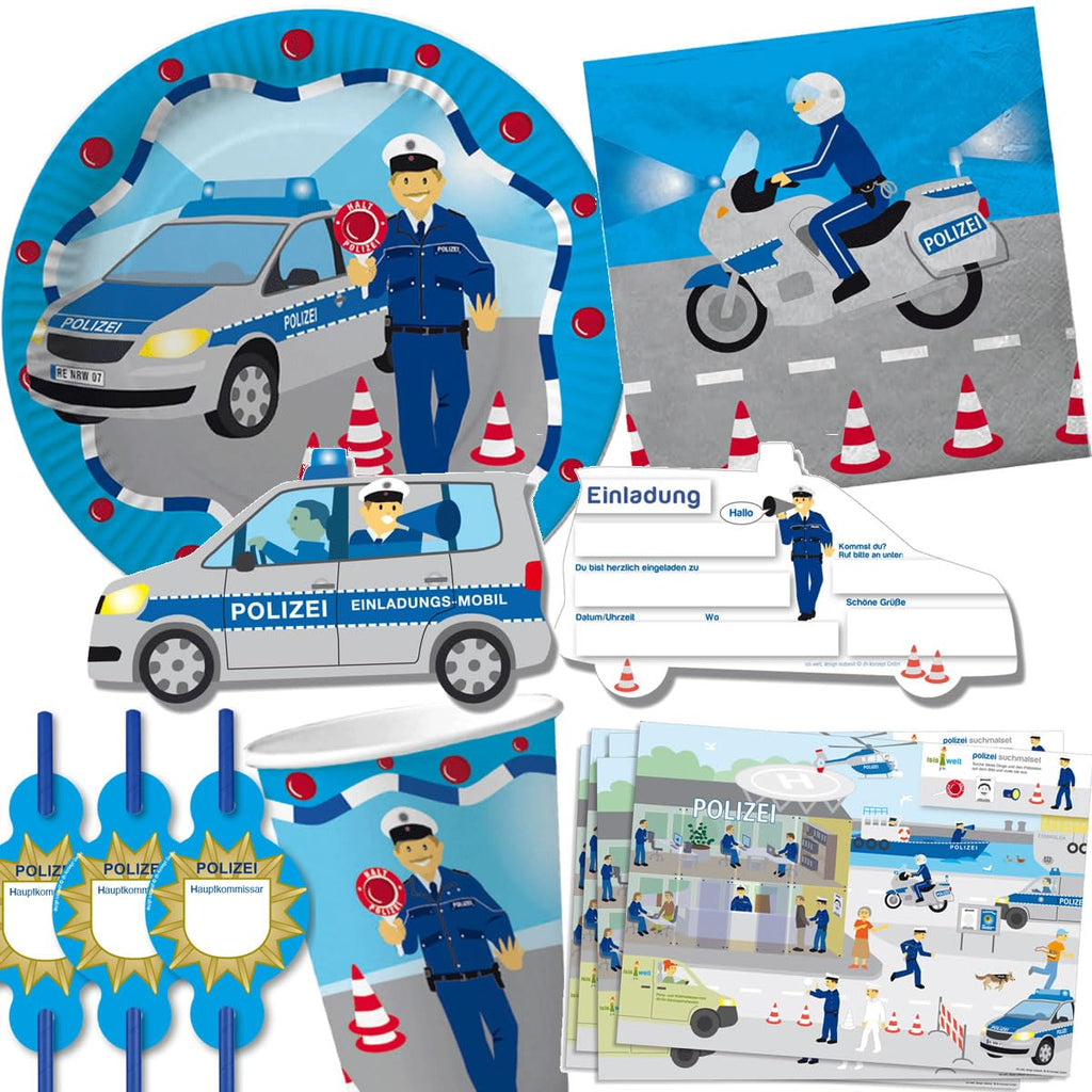 81-tlg Party-Set * POLIZEI * für Kindergeburtstag mit 6-8 Kinder: Teller, Becher, Servietten, Einladungen, Platzsets, Trinkhalme, Luftschlangen | Motto Deko Kinder Geburtstag Polizist Police
