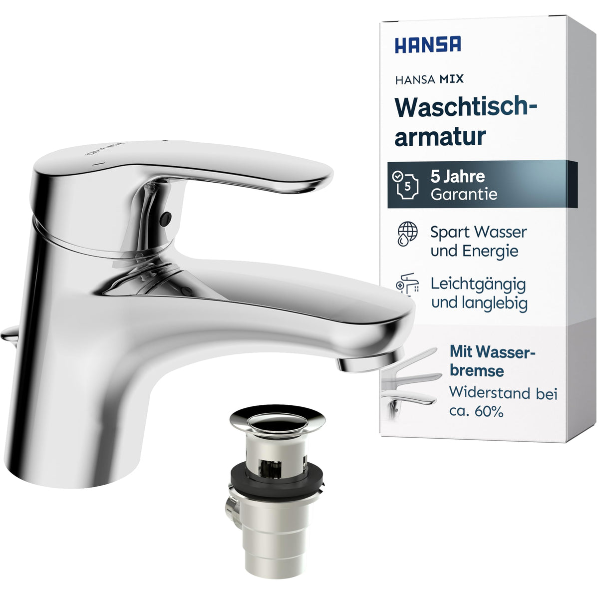 HANSA MIX Waschtischarmatur mit Wasserbremse und Ablaufgarnitur | Chrom