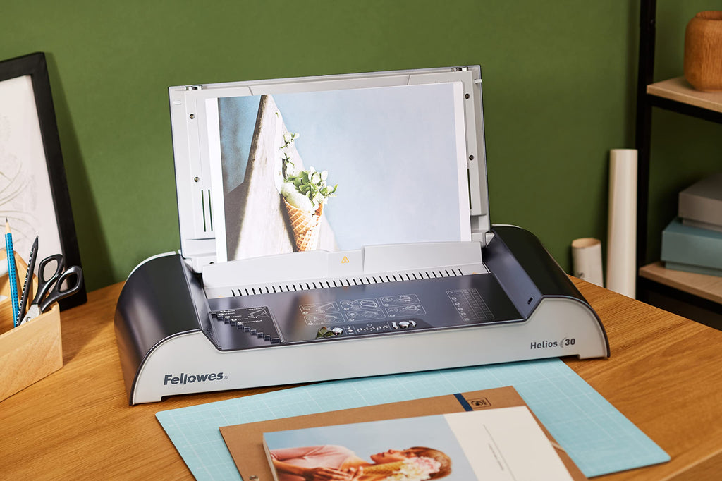 Fellowes Thermobindegerät Helios 30, bindet bis zu 300 Blatt gleichzeitig mit Thermobindemappen, nur 4 Minuten Aufwärmzeit, Sleepmode
