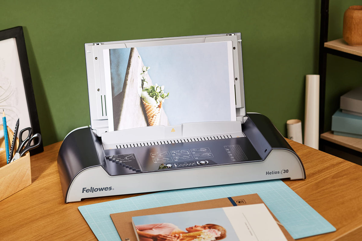 Fellowes Thermobindegerät Helios 30, bindet bis zu 300 Blatt gleichzeitig mit Thermobindemappen, nur 4 Minuten Aufwärmzeit, Sleepmode