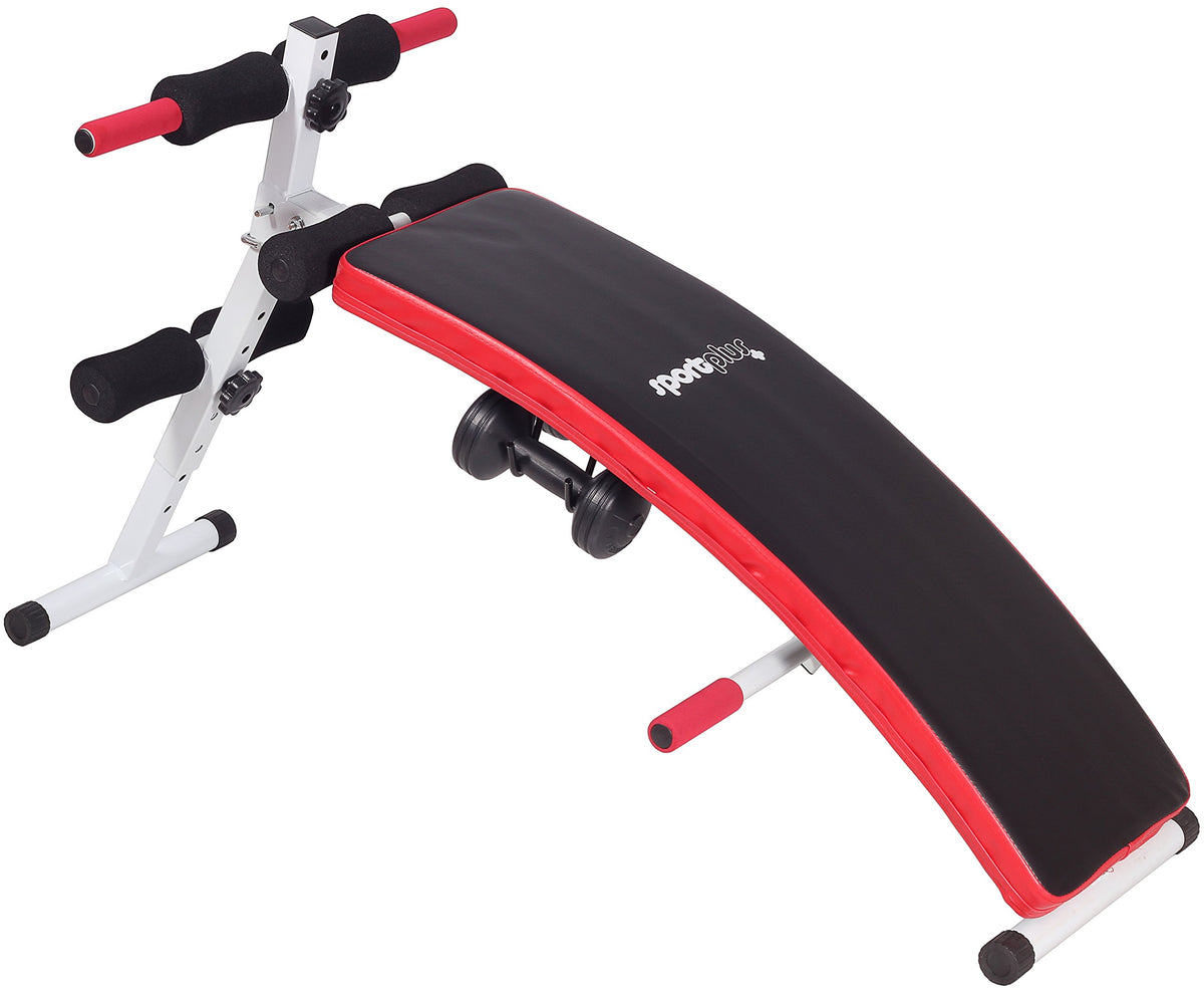 SportPlus Sit Up Bank klappbar mit 2x 1,5 kg Hanteln, Bauchtrainer mit Beinfixierung, mit Handgriffen für diverse Übungen, Hantelbank, trainiert Bauch, Rücken, Schultern & mehr