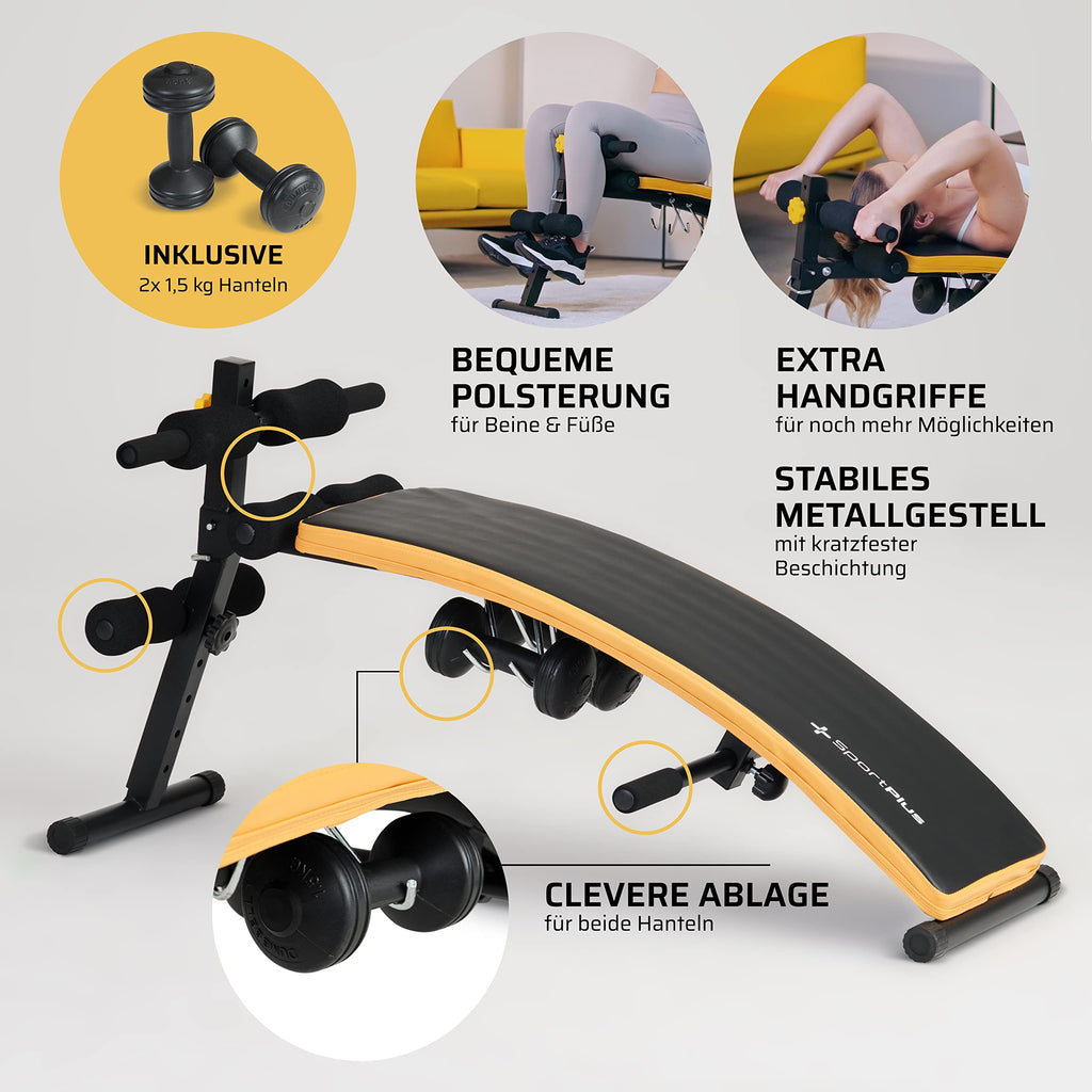 SportPlus Sit Up Bank klappbar mit 2x 1,5 kg Hanteln, Bauchtrainer mit Beinfixierung, mit Handgriffen für diverse Übungen, Hantelbank, trainiert Bauch, Rücken, Schultern & mehr