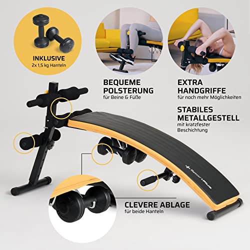SportPlus Sit Up Bank klappbar mit 2x 1,5 kg Hanteln, Bauchtrainer mit Beinfixierung, mit Handgriffen für diverse Übungen, Hantelbank, trainiert Bauch, Rücken, Schultern & mehr