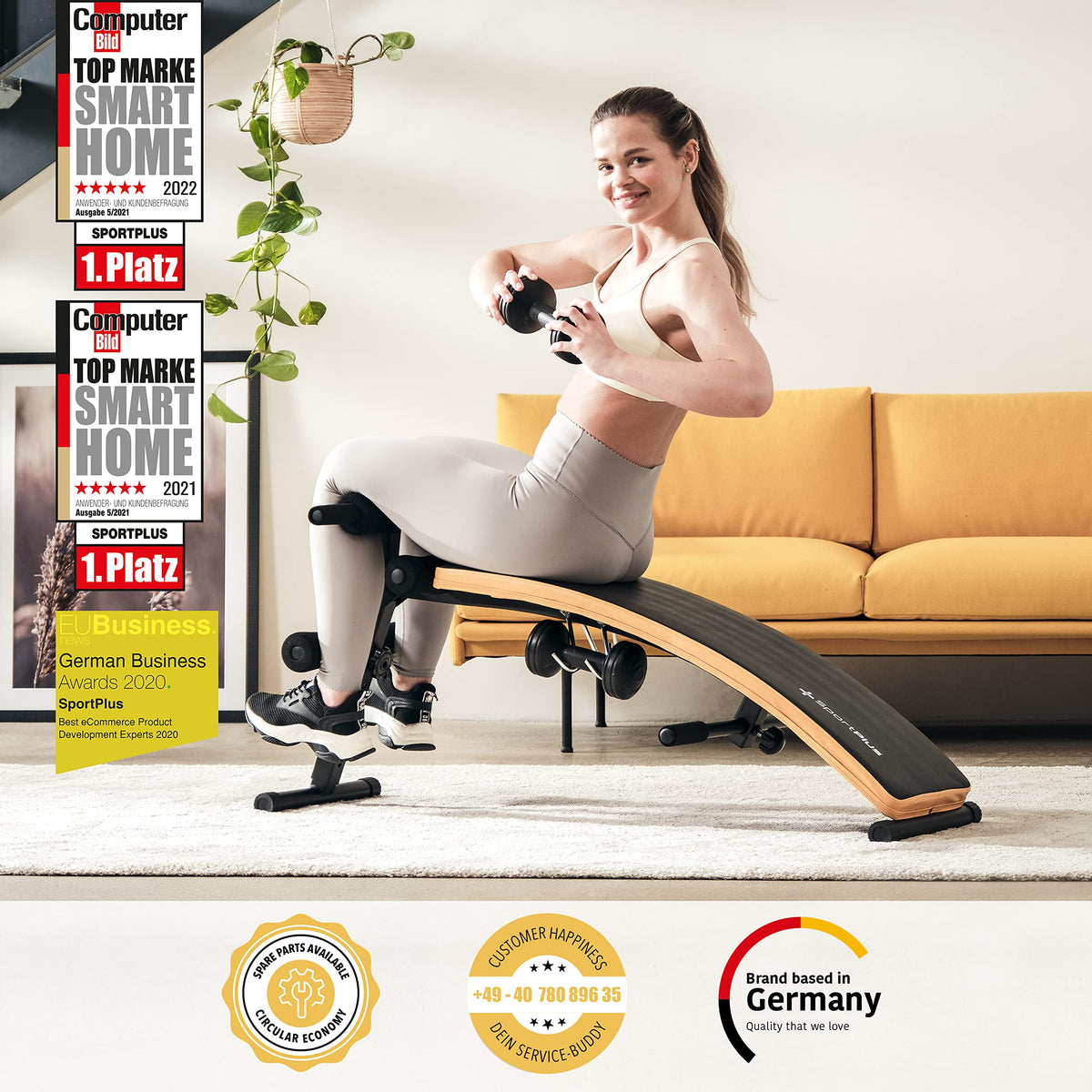 SportPlus Sit Up Bank klappbar mit 2x 1,5 kg Hanteln, Bauchtrainer mit Beinfixierung, mit Handgriffen für diverse Übungen, Hantelbank, trainiert Bauch, Rücken, Schultern & mehr