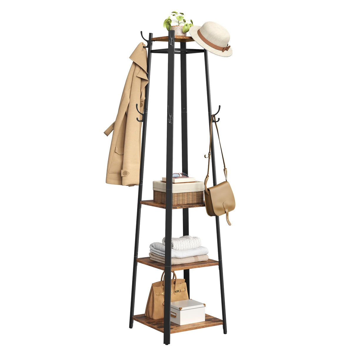 VASAGLE Garderobenständer, mit 8 Doppelhaken, 4 Ablagen, Kleiderstange