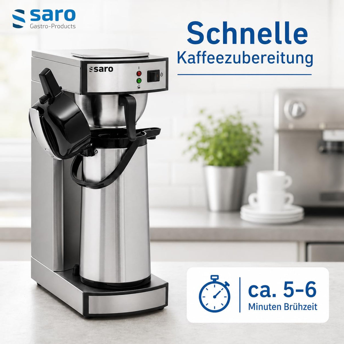 Saro Kaffeemaschine Inkl. Edelstahl-Isolierpumpkanne – 2,2 L – Brühzeit ca. 5–6 Min – Trockenlaufschutz – 2,069 kW – Modell THERMO 24
