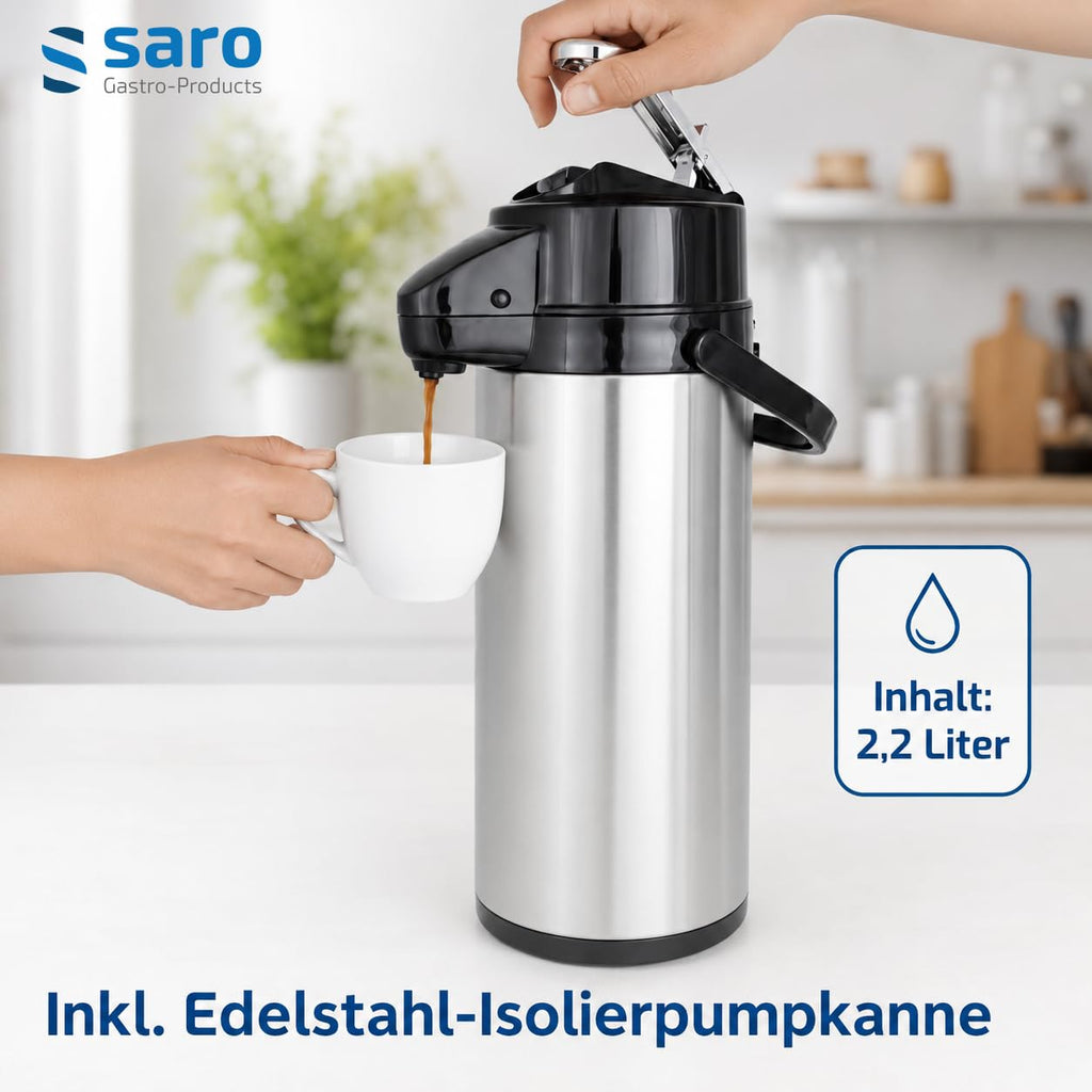Saro Kaffeemaschine Inkl. Edelstahl-Isolierpumpkanne – 2,2 L – Brühzeit ca. 5–6 Min – Trockenlaufschutz – 2,069 kW – Modell THERMO 24