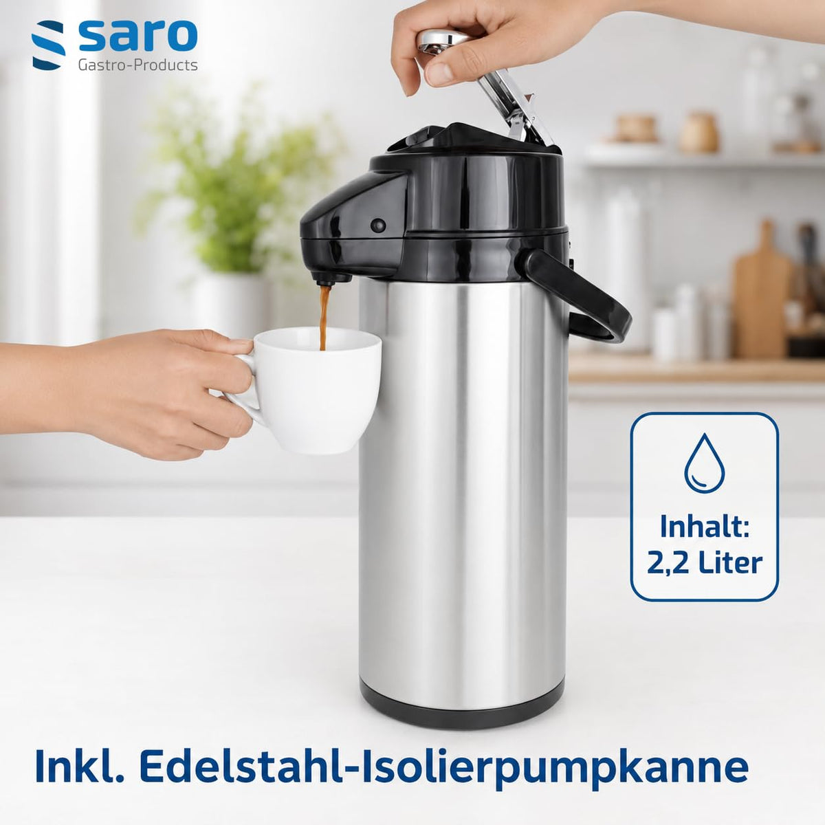 Saro Kaffeemaschine Inkl. Edelstahl-Isolierpumpkanne – 2,2 L – Brühzeit ca. 5–6 Min – Trockenlaufschutz – 2,069 kW – Modell THERMO 24