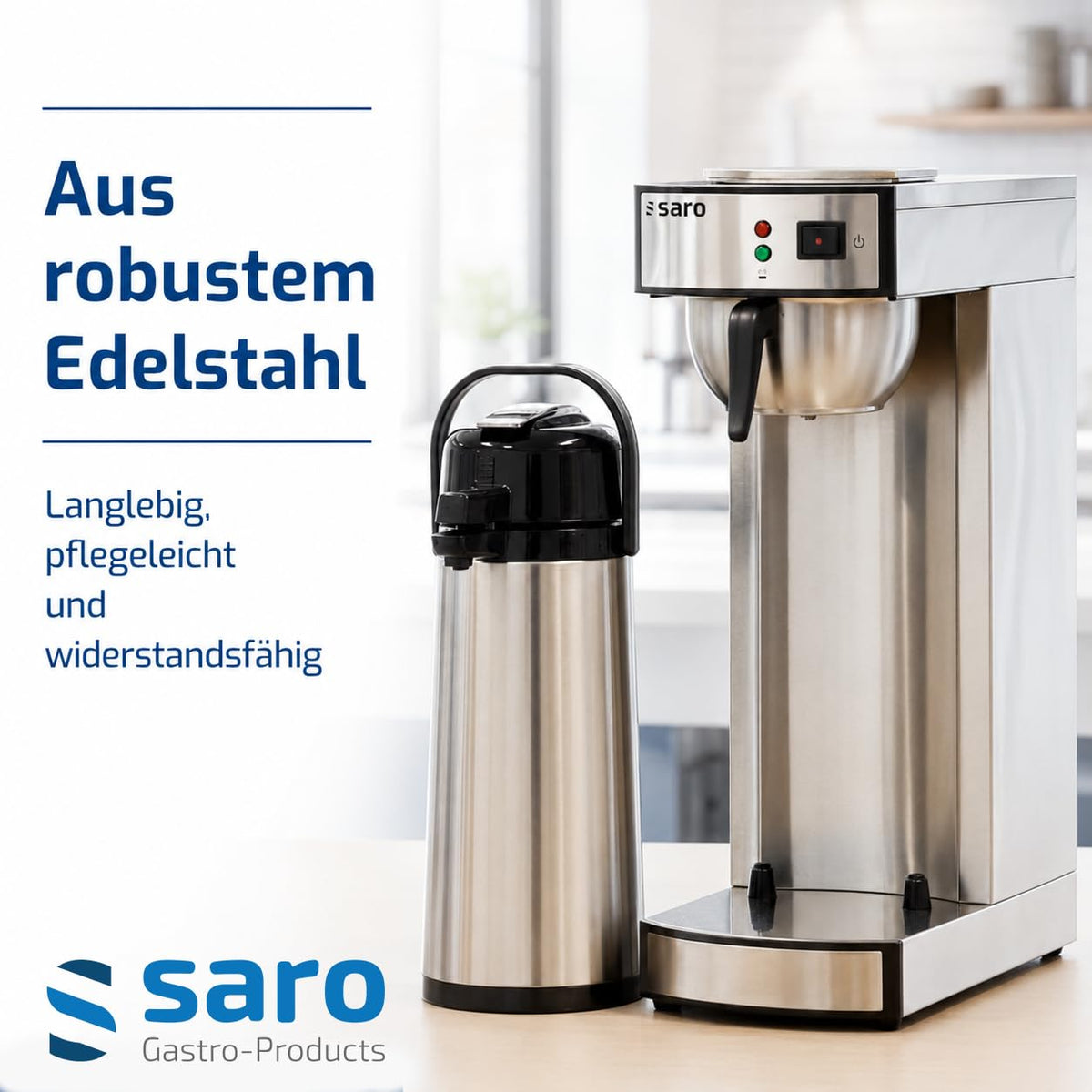 Saro Kaffeemaschine Inkl. Edelstahl-Isolierpumpkanne – 2,2 L – Brühzeit ca. 5–6 Min – Trockenlaufschutz – 2,069 kW – Modell THERMO 24