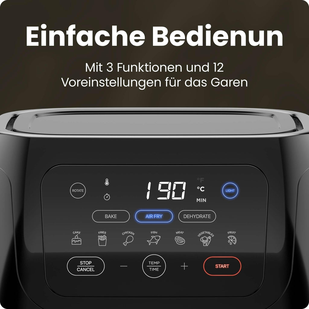 Chefman Multifunktionale Digitale Heißluftfritteuse + Rotisserie, Dörrautomat, Konvektion, 17 Touchscreen-Voreinstellungen, XL 10L Familiengröße, Automatische Abschaltung, Großes Sichtfenster, Schwarz