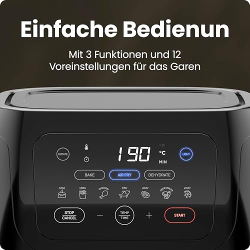 Chefman Multifunktionale Digitale Heißluftfritteuse + Rotisserie, Dörrautomat, Konvektion, 17 Touchscreen-Voreinstellungen, XL 10L Familiengröße, Automatische Abschaltung, Großes Sichtfenster, Schwarz