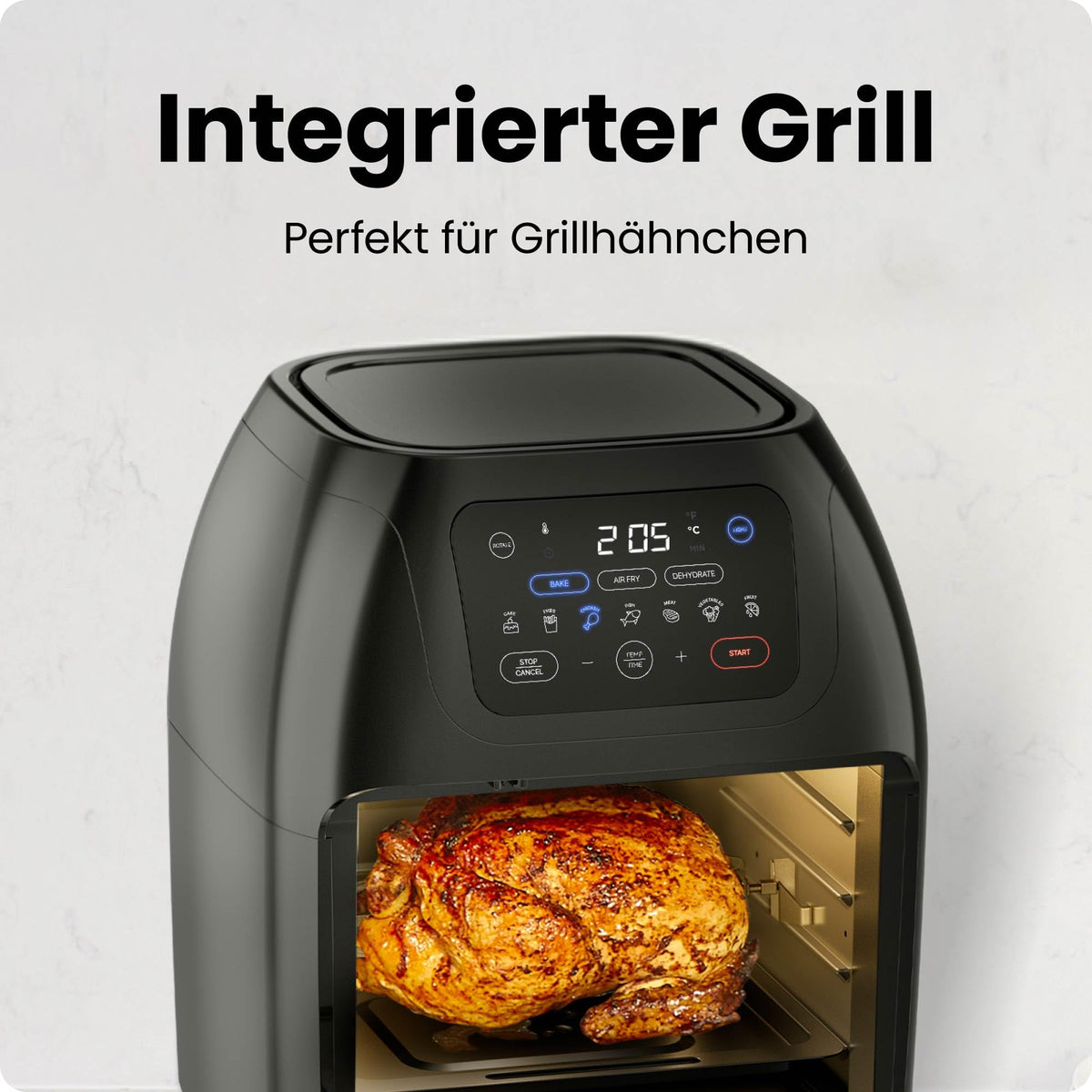 Chefman Multifunktionale Digitale Heißluftfritteuse + Rotisserie, Dörrautomat, Konvektion, 17 Touchscreen-Voreinstellungen, XL 10L Familiengröße, Automatische Abschaltung, Großes Sichtfenster, Schwarz