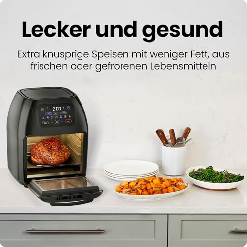 Chefman Multifunktionale Digitale Heißluftfritteuse + Rotisserie, Dörrautomat, Konvektion, 17 Touchscreen-Voreinstellungen, XL 10L Familiengröße, Automatische Abschaltung, Großes Sichtfenster, Schwarz