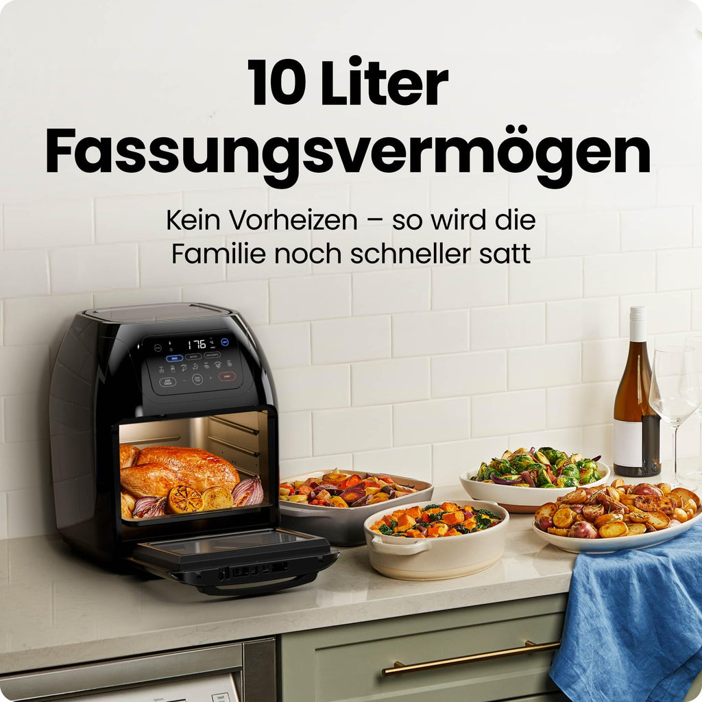 Chefman Multifunktionale Digitale Heißluftfritteuse + Rotisserie, Dörrautomat, Konvektion, 17 Touchscreen-Voreinstellungen, XL 10L Familiengröße, Automatische Abschaltung, Großes Sichtfenster, Schwarz
