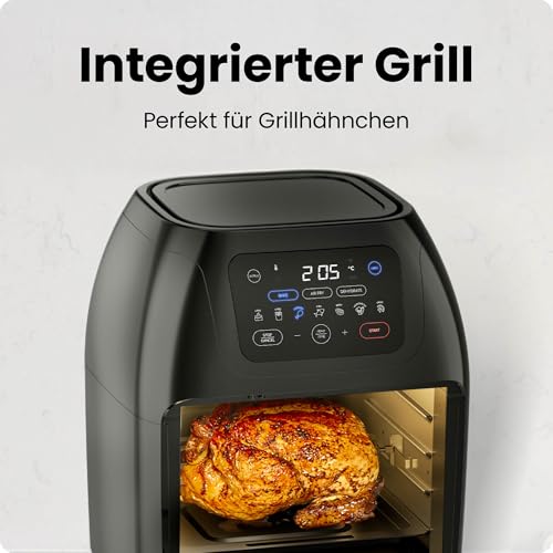 Chefman Multifunktionale Digitale Heißluftfritteuse + Rotisserie, Dörrautomat, Konvektion, 17 Touchscreen-Voreinstellungen, XL 10L Familiengröße, Automatische Abschaltung, Großes Sichtfenster, Schwarz