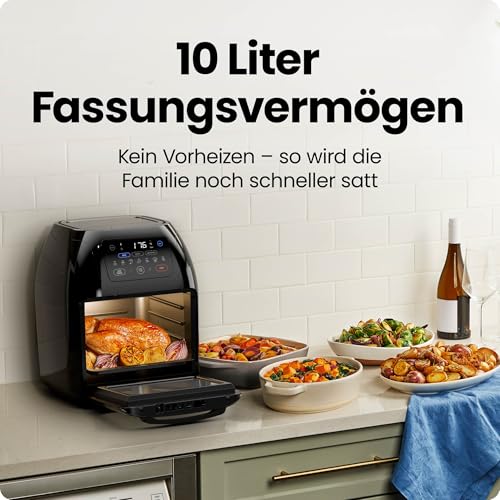 Chefman Multifunktionale Digitale Heißluftfritteuse + Rotisserie, Dörrautomat, Konvektion, 17 Touchscreen-Voreinstellungen, XL 10L Familiengröße, Automatische Abschaltung, Großes Sichtfenster, Schwarz