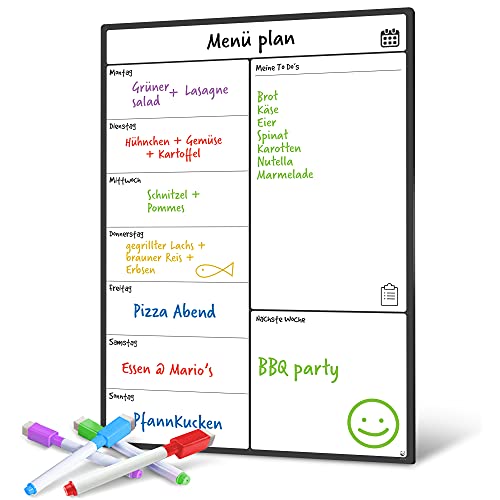 A3 Wochenplaner Magnetisch Kühlschrank - Abwischbare Magnettafel & Whiteboard für die Küche, Organisierte Familienplanung & Essensplaner, Fleckfrei Radierbar (A3, Deutsch)