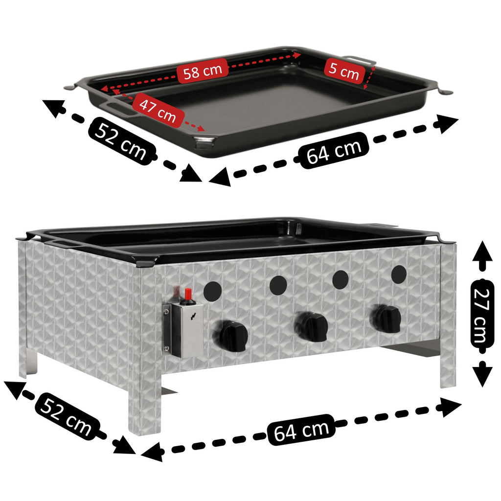 BBQ-Toro Edelstahl Gastrobräter | 3-flammig | 64 x 52 x 27 cm | Gastrogasgrill, Wurstbrater, Tisch Grill | Gastrogrill, Tischgasgrill, Gastischgrill, Bräter für Tisch & Gastronomie