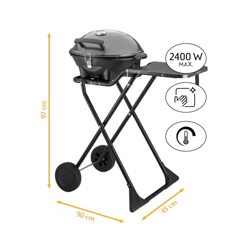 TZS First Austria - Elektrogrill 2 in 1 Tischgrill & Standgrill 2400W - Elektrischer & klappbarer Grill für Balkon & Terrasse mit Deckel & Rollwagen - Elektro-Kugelgrill mit Thermometer & Tropfschale