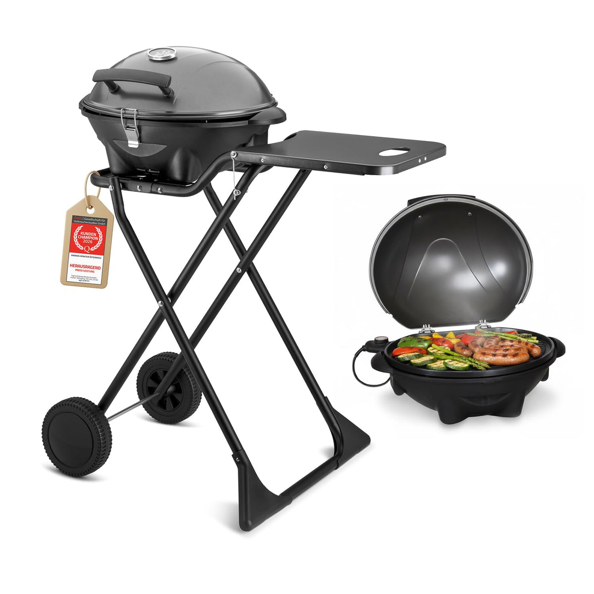 TZS First Austria - Elektrogrill 2 in 1 Tischgrill & Standgrill 2400W - Elektrischer & klappbarer Grill für Balkon & Terrasse mit Deckel & Rollwagen - Elektro-Kugelgrill mit Thermometer & Tropfschale