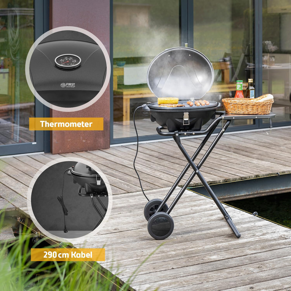 TZS First Austria - Elektrogrill 2 in 1 Tischgrill & Standgrill 2400W - Elektrischer & klappbarer Grill für Balkon & Terrasse mit Deckel & Rollwagen - Elektro-Kugelgrill mit Thermometer & Tropfschale