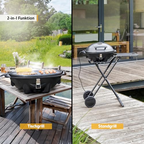 TZS First Austria - Elektrogrill 2 in 1 Tischgrill & Standgrill 2400W - Elektrischer & klappbarer Grill für Balkon & Terrasse mit Deckel & Rollwagen - Elektro-Kugelgrill mit Thermometer & Tropfschale