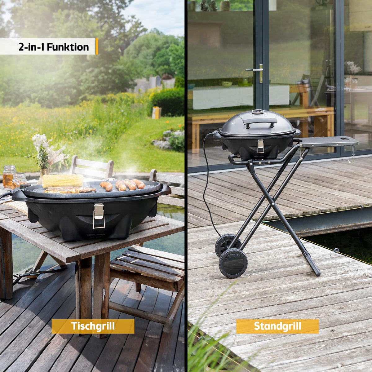 TZS First Austria - Elektrogrill 2 in 1 Tischgrill & Standgrill 2400W - Elektrischer & klappbarer Grill für Balkon & Terrasse mit Deckel & Rollwagen - Elektro-Kugelgrill mit Thermometer & Tropfschale