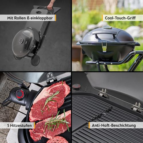 TZS First Austria - Elektrogrill 2 in 1 Tischgrill & Standgrill 2400W - Elektrischer & klappbarer Grill für Balkon & Terrasse mit Deckel & Rollwagen - Elektro-Kugelgrill mit Thermometer & Tropfschale