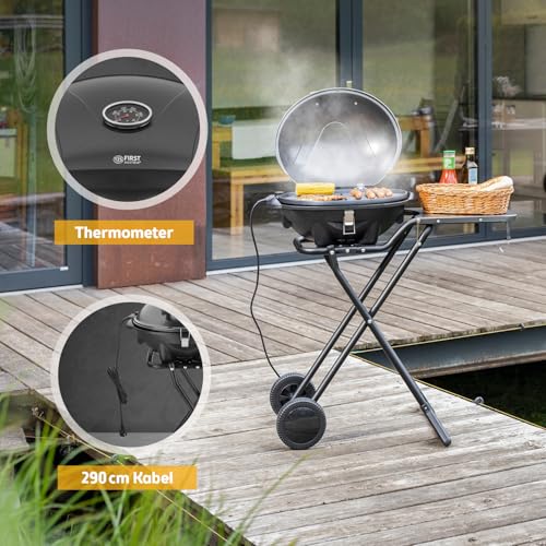 TZS First Austria - Elektrogrill 2 in 1 Tischgrill & Standgrill 2400W - Elektrischer & klappbarer Grill für Balkon & Terrasse mit Deckel & Rollwagen - Elektro-Kugelgrill mit Thermometer & Tropfschale