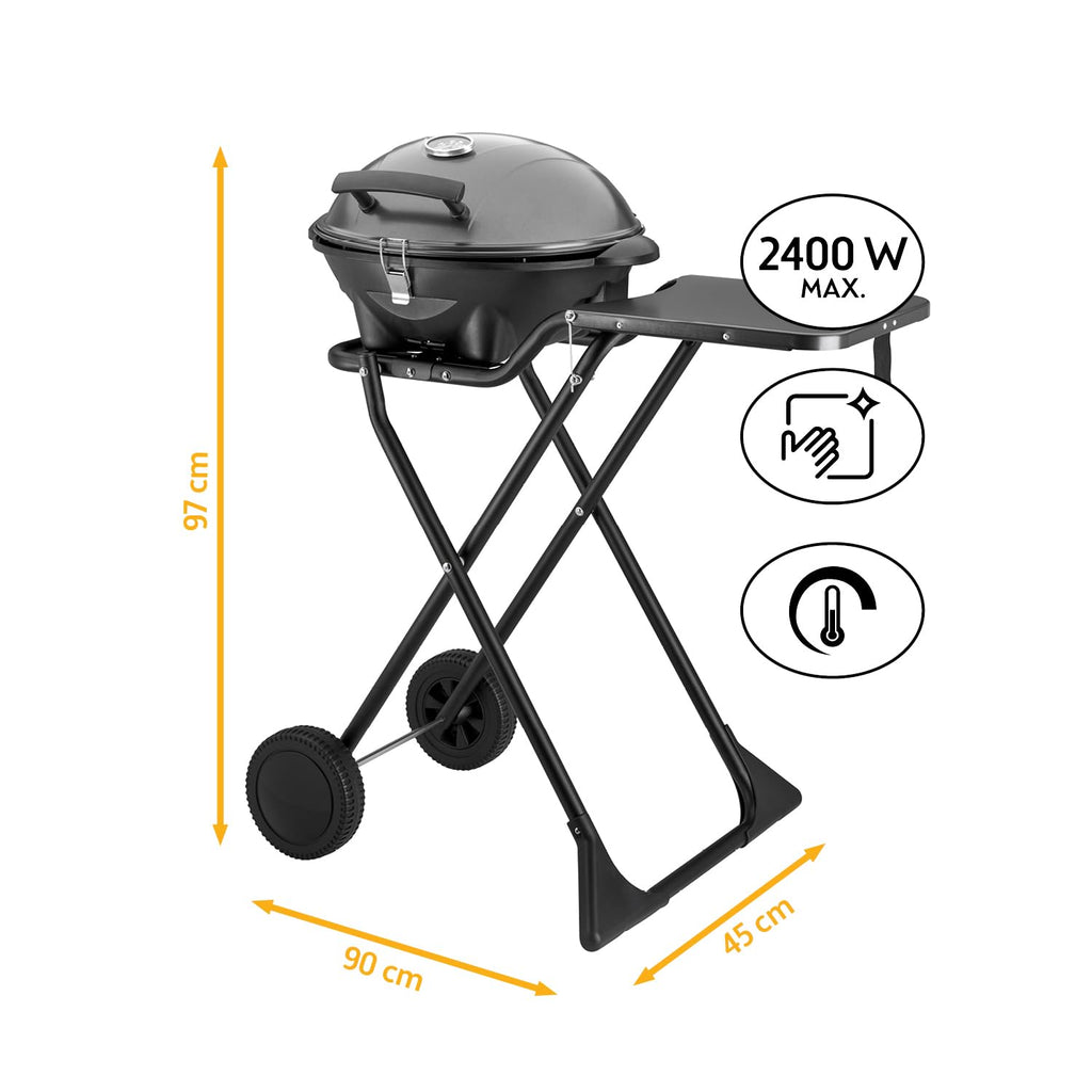 TZS First Austria - Elektrogrill 2 in 1 Tischgrill & Standgrill 2400W - Elektrischer & klappbarer Grill für Balkon & Terrasse mit Deckel & Rollwagen - Elektro-Kugelgrill mit Thermometer & Tropfschale