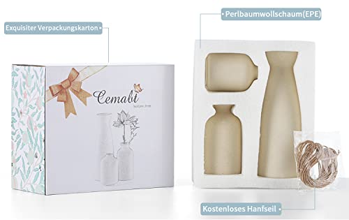 CEMABT Keramik Vasen 3er-Set Kleine Blumenvasen für Dekor, Moderne rustikale Bauernhaus Home Decor, Dekorative für Pampas Grass&getrocknete Blumen, Idee Regal,Tisch, Bücherregal,Mantel (Natur)