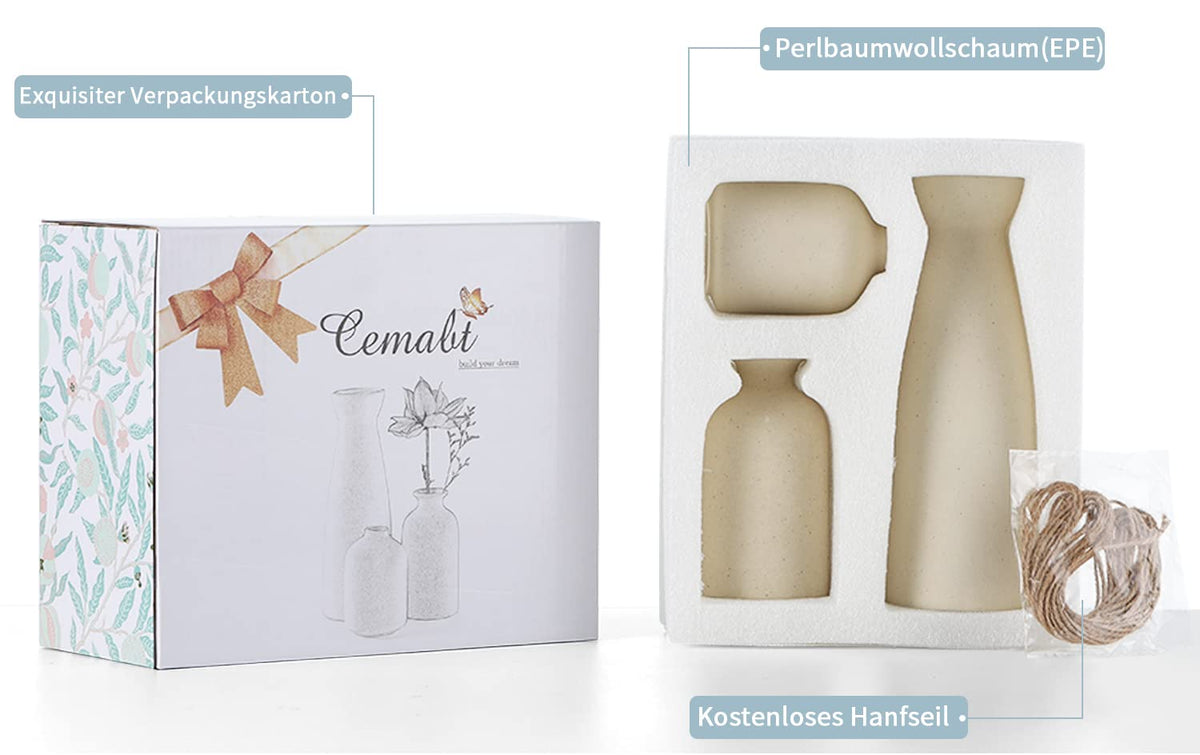 CEMABT Keramik Vasen 3er-Set Kleine Blumenvasen für Dekor, Moderne rustikale Bauernhaus Home Decor, Dekorative für Pampas Grass&getrocknete Blumen, Idee Regal,Tisch, Bücherregal,Mantel (Natur)