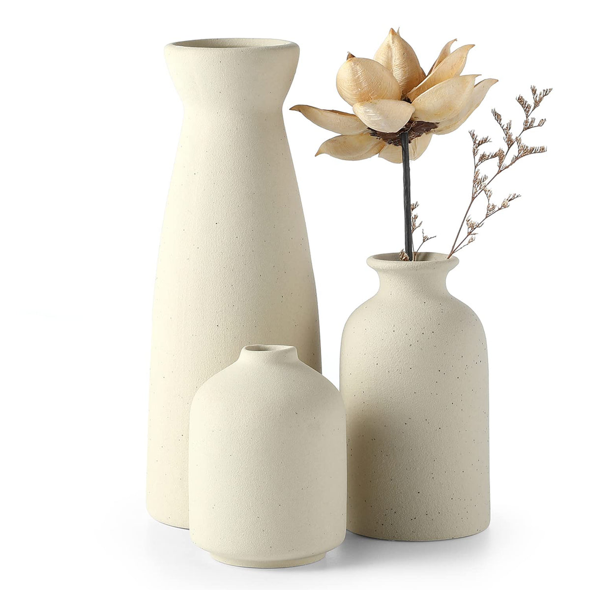 CEMABT Keramik Vasen 3er-Set Kleine Blumenvasen für Dekor, Moderne rustikale Bauernhaus Home Decor, Dekorative für Pampas Grass&getrocknete Blumen, Idee Regal,Tisch, Bücherregal,Mantel (Natur)
