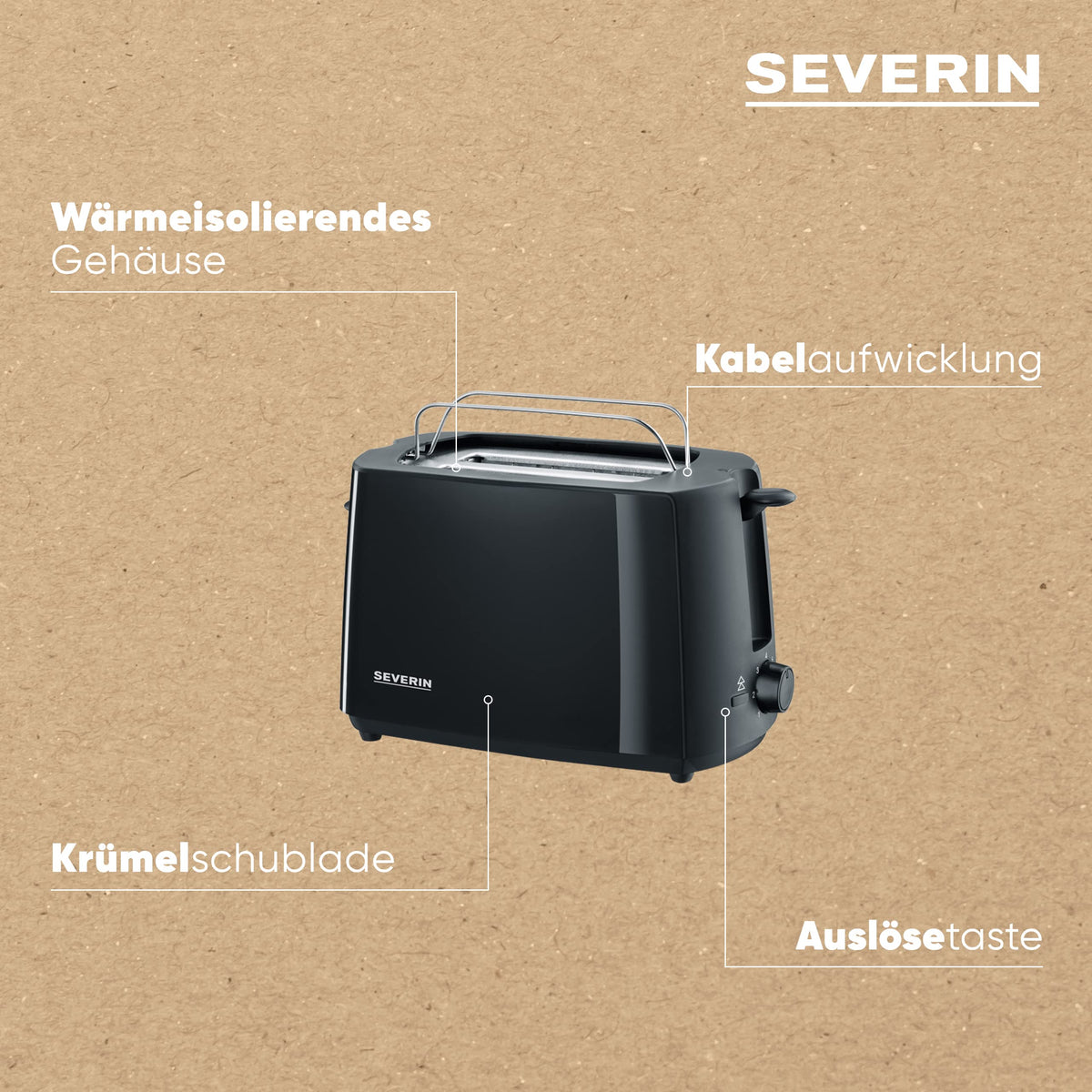 SEVERIN Automatik-Toaster, Toastgerät mit Brötchenaufsatz, hochwertig, mit Krümelschublade und 700 W Leistung, schwarz, AT 2287