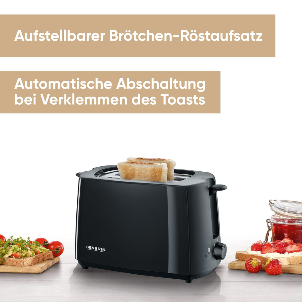 SEVERIN Automatik-Toaster, Toastgerät mit Brötchenaufsatz, hochwertig, mit Krümelschublade und 700 W Leistung, schwarz, AT 2287