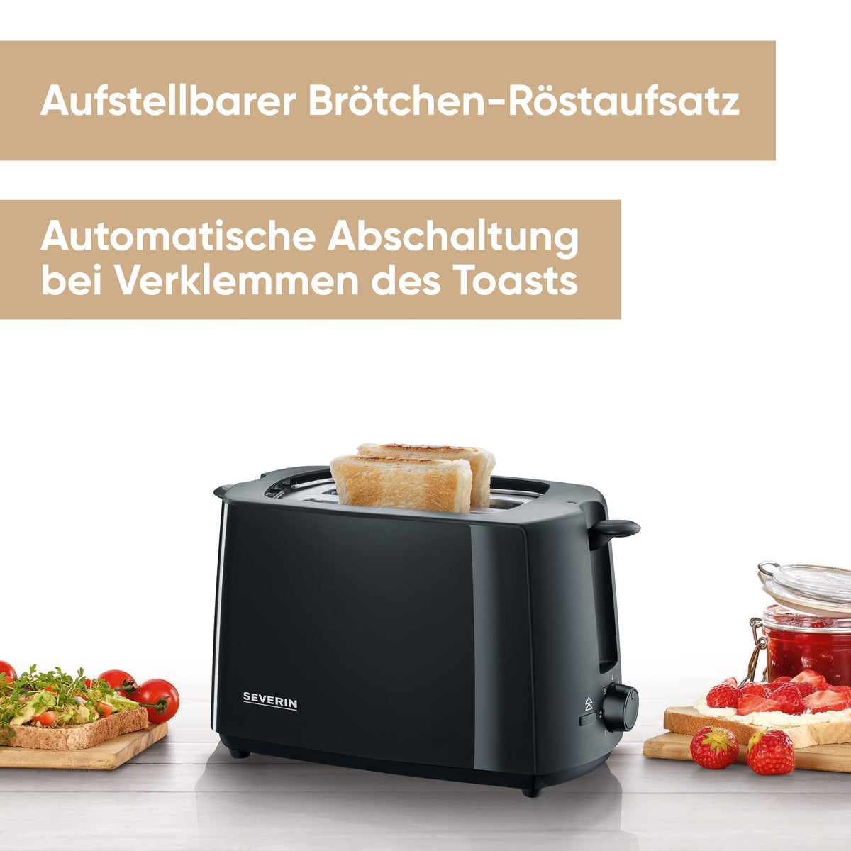 SEVERIN Automatik-Toaster, Toastgerät mit Brötchenaufsatz, hochwertig, mit Krümelschublade und 700 W Leistung, schwarz, AT 2287
