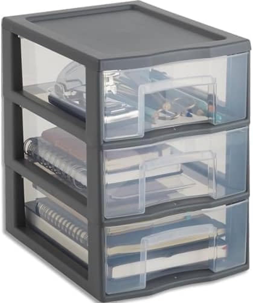 SUNDIS Tag Tower, schubladenbox aus Kunststoff, 3 Schubladen im Format A5, Grau, Höhe 25,5 Cm, Stapelbar, Ideal zur Aufbewahrung Von Kosmetika, Schmuck, Accessoires, Vorräten