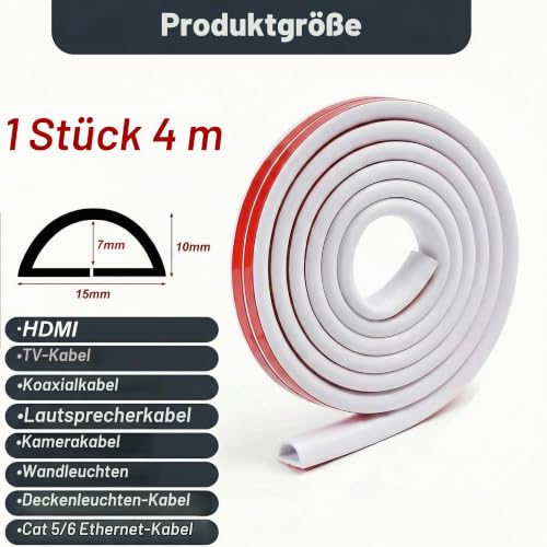 4m Kabelkanal Weiß Selbstklebend, Kabel Verstecken Flexibel Kabelabdeckung Wand, Rund Kabelschacht Weiss Kabelkanäle für Decke Kabel