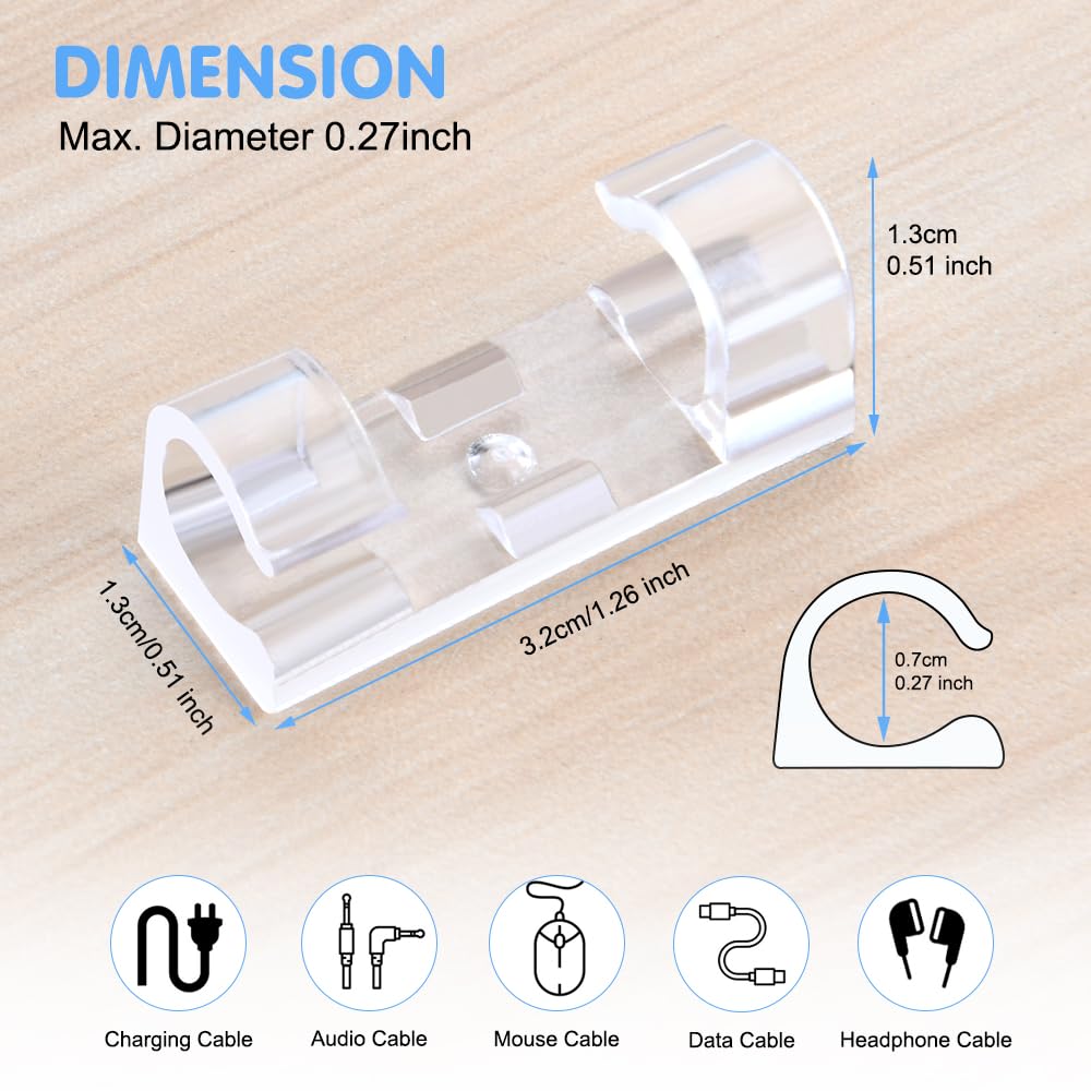 URAQT Kabelclips, 40 Stück Kabelhalter mit Starken Selbstklebend Pads Kabelklemme Selbstklebend Kabelmanagement für Haus Schreibtisch Büro USB Ladekabel, PC, TVKabel und Audiokabel Usw (Klar 9MM）