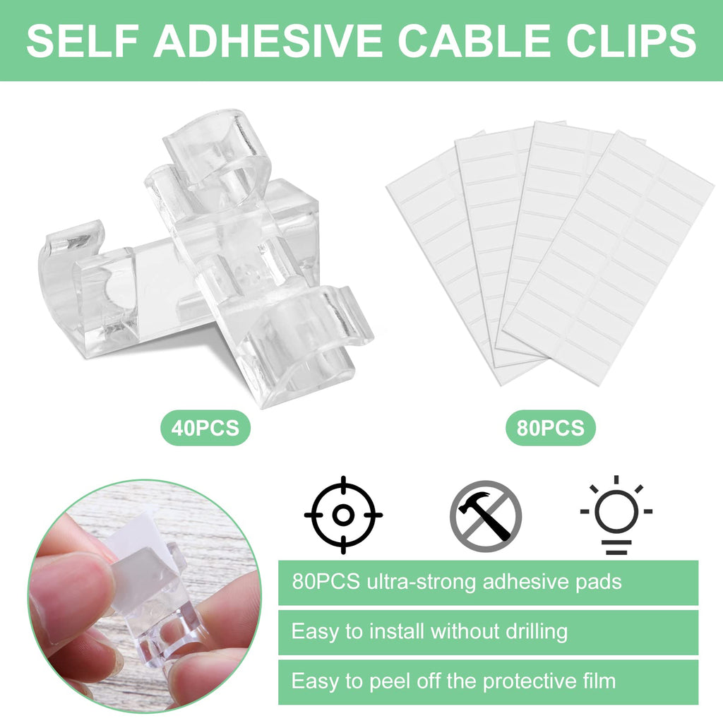 URAQT Kabelclips, 40 Stück Kabelhalter mit Starken Selbstklebend Pads Kabelklemme Selbstklebend Kabelmanagement für Haus Schreibtisch Büro USB Ladekabel, PC, TVKabel und Audiokabel Usw (Klar 9MM）