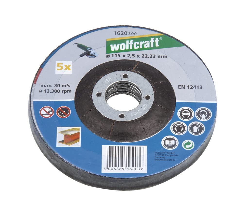 wolfcraft 5 Trennscheiben für Metall Ø 115 mm I 1620300 I Hohe Schnittleistung I Winkelschleifer Disc I Lange Standzeit I Bohrung 22,23 mm I EN 12413