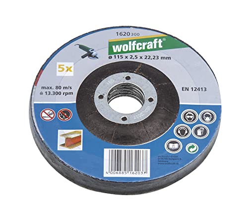 wolfcraft 5 Trennscheiben für Metall Ø 115 mm I 1620300 I Hohe Schnittleistung I Winkelschleifer Disc I Lange Standzeit I Bohrung 22,23 mm I EN 12413