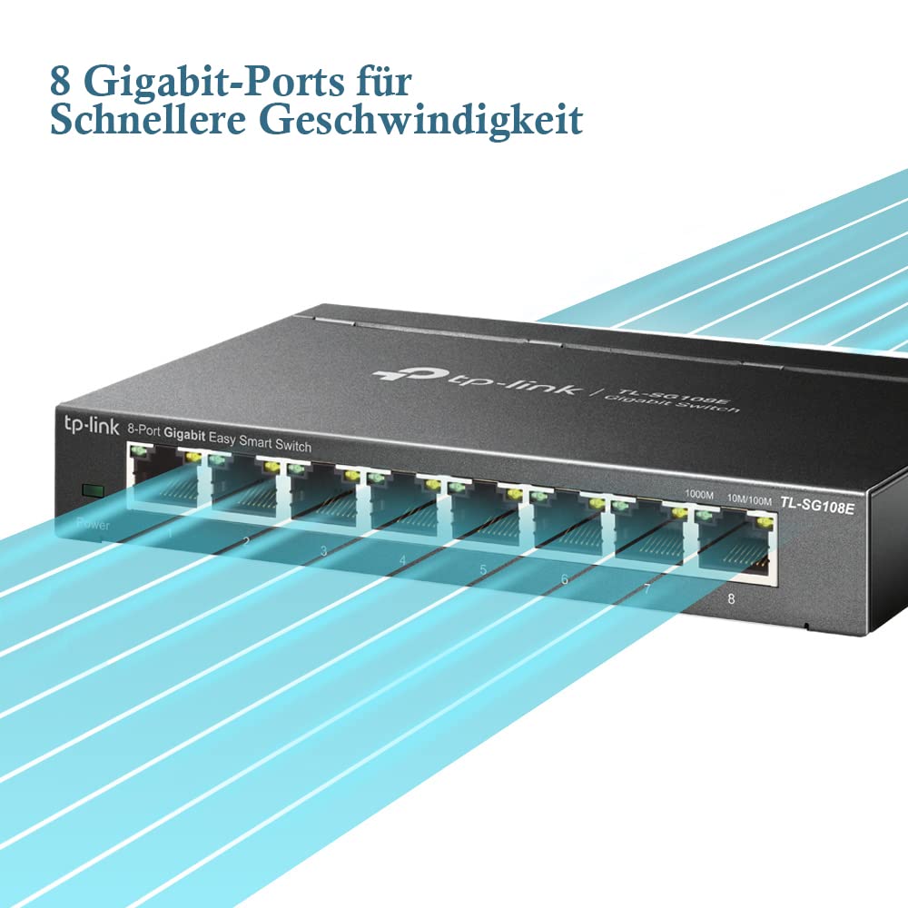 TP-Link TL-SG108E Managed Switch 8 Port Gigabit Ethernet LAN Switch(Plug-and-Play Netzwerk Switch,Metallgehäuse, QoS, IGMP-Snooping,LAN Verteiler, zentrales Management, energieeffizient) schwarz