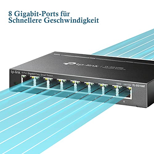 TP-Link TL-SG108E Managed Switch 8 Port Gigabit Ethernet LAN Switch(Plug-and-Play Netzwerk Switch,Metallgehäuse, QoS, IGMP-Snooping,LAN Verteiler, zentrales Management, energieeffizient) schwarz