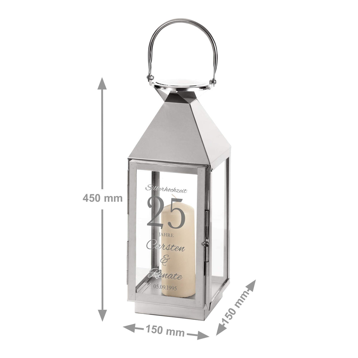 Casa Vivente Laterne aus Edelstahl mit Gravur zur Silbernen Hochzeit, Personalisiert mit Namen und Datum, Dekoration für Haus und Garten, Geschenkidee zum 25. Hochzeitstag