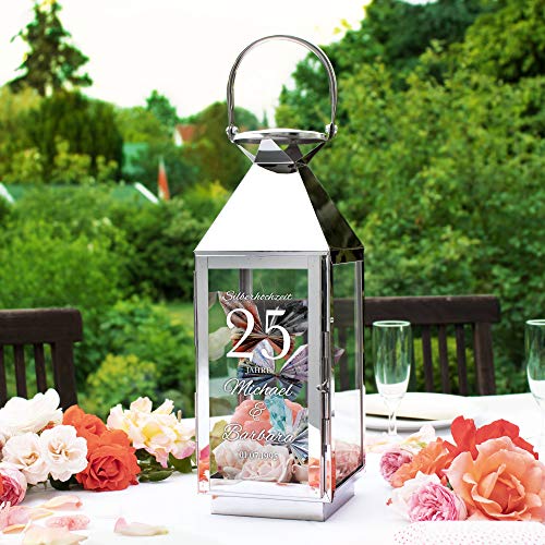 Casa Vivente Laterne aus Edelstahl mit Gravur zur Silbernen Hochzeit, Personalisiert mit Namen und Datum, Dekoration für Haus und Garten, Geschenkidee zum 25. Hochzeitstag