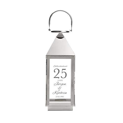 Casa Vivente Laterne aus Edelstahl mit Gravur zur Silbernen Hochzeit, Personalisiert mit Namen und Datum, Dekoration für Haus und Garten, Geschenkidee zum 25. Hochzeitstag