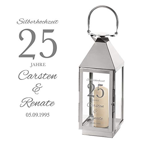 Casa Vivente Laterne aus Edelstahl mit Gravur zur Silbernen Hochzeit, Personalisiert mit Namen und Datum, Dekoration für Haus und Garten, Geschenkidee zum 25. Hochzeitstag