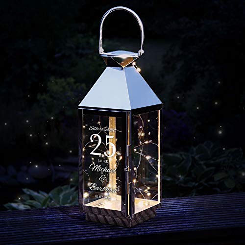 Casa Vivente Laterne aus Edelstahl mit Gravur zur Silbernen Hochzeit, Personalisiert mit Namen und Datum, Dekoration für Haus und Garten, Geschenkidee zum 25. Hochzeitstag